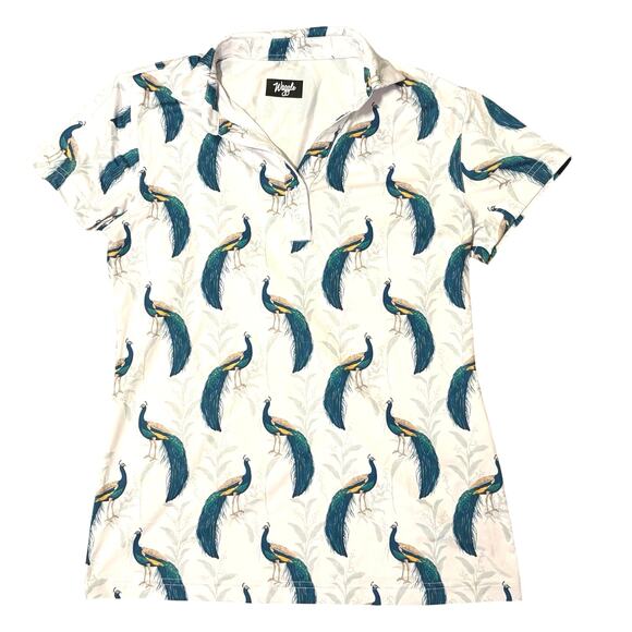 Waggle Peacock Print Golf Polo Small Stretch Performance Top - Picture 2 of 9